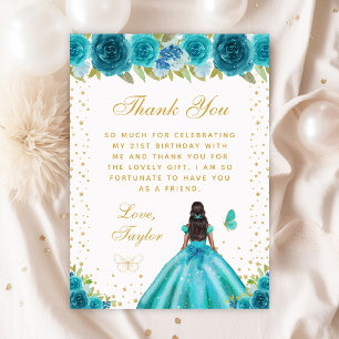 Teal Floral Dark Skin Princess Birthday Party Thank You Card