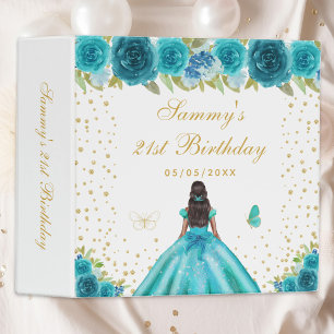 Teal Floral Dark Skin Princess Photo Album 3 Ring Binder