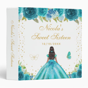 Teal Floral Dark Skin Princess Sweet Sixteen 3 Ring Binder