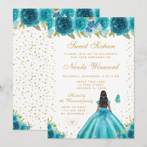 Teal Floral Dark Skin Princess Sweet Sixteen