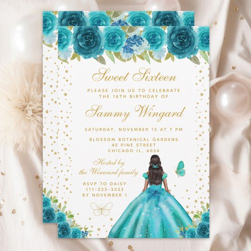 Teal Floral Dark Skin Princess Sweet Sixteen Invitation