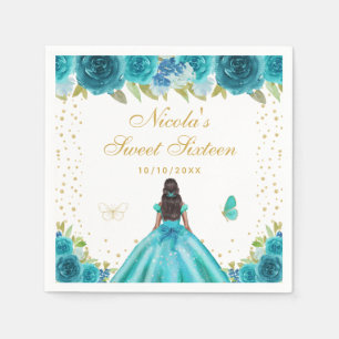 Teal Floral Dark Skin Princess Sweet Sixteen Napkins