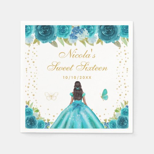 Teal Floral Dark Skin Princess Sweet Sixteen Napkins