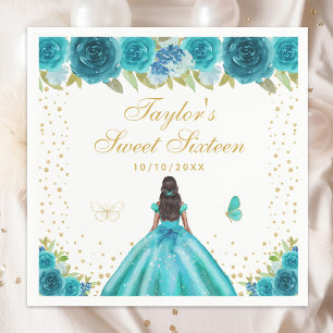 Teal Floral Dark Skin Princess Sweet Sixteen Napkins