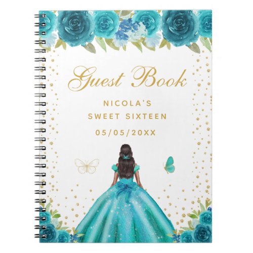 Teal Floral Dark Skin Princess Sweet Sixteen Notebook