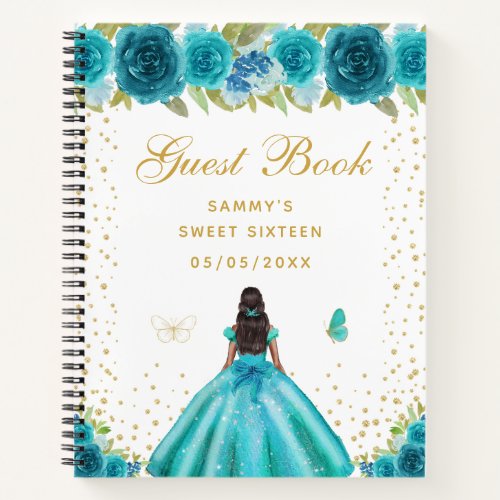 Teal Floral Dark Skin Princess Sweet Sixteen Notebook