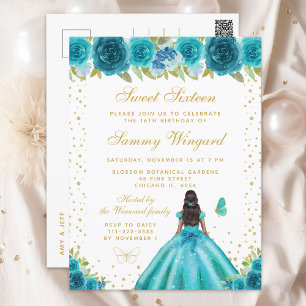 Teal Floral Dark Skin Princess Sweet Sixteen Postcard