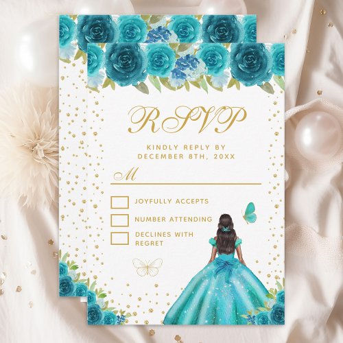 Teal Floral Dark Skin Princess Sweet Sixteen RSVP Card