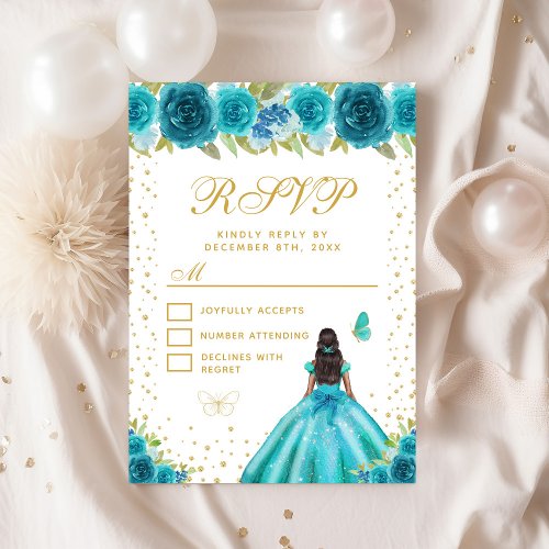 Teal Floral Dark Skin Princess Sweet Sixteen RSVP Card