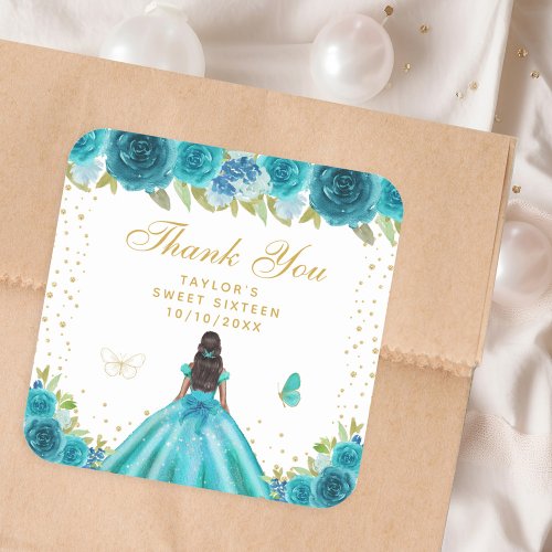 Teal Floral Dark Skin Princess Sweet Sixteen Square Sticker