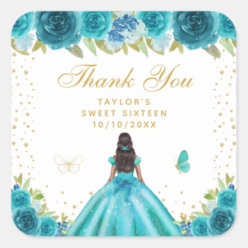 Teal Floral Dark Skin Princess Sweet Sixteen Square Sticker