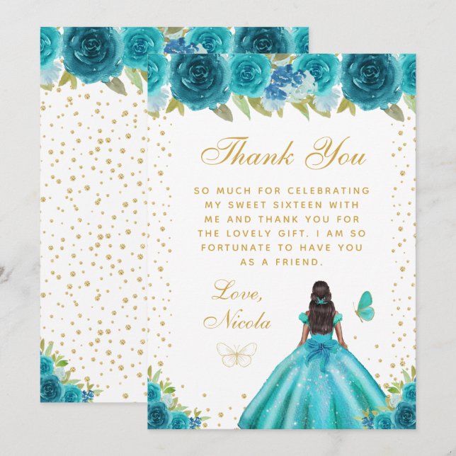 Teal Floral Dark Skin Princess Sweet Sixteen Thank You Card (Front/Back)