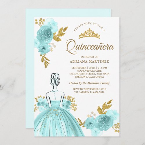 Teal Floral Dress Princess Gold Quinceanera Invitation