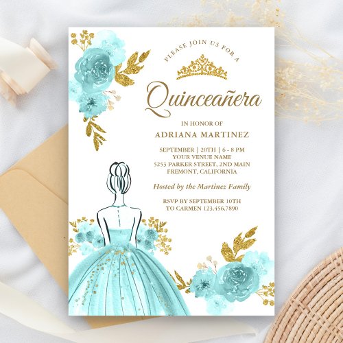 Teal Floral Dress Princess Gold Quinceanera Invitation