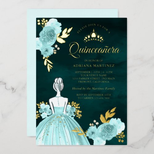 Teal Floral Dress Princess Green Quinceanera Gold Foil Invitation