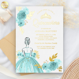 Teal Floral Dress Princess Quinceanera Gold Foil Invitation