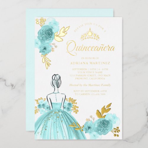 Teal Floral Dress Princess Quinceanera Gold Foil Invitation