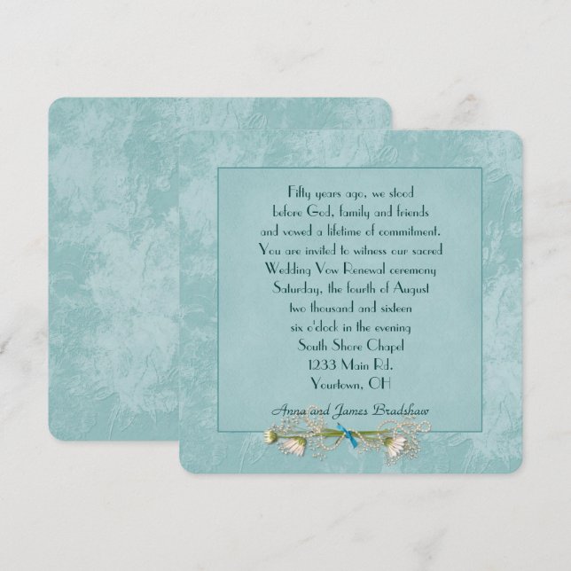 Teal Floral Embossed Wedding  Vow Renewal Invitation (Front/Back)