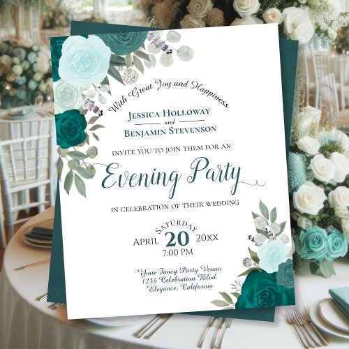 Teal Floral Evening Party Budget Wedding Invite