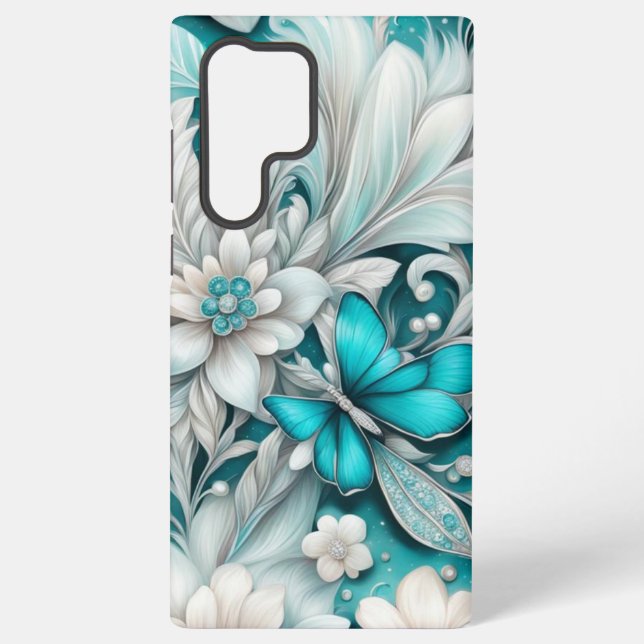 Teal Floral Fluffy White Feathers Samsung Galaxy Case (Back)