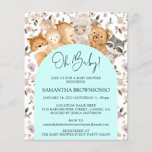 Teal Floral Forest Animals Oh Baby Shower Budget Flyer
