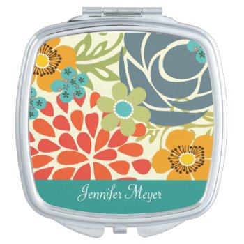 Teal Floral Garden Personalized Compact Mirror by bridalwedding at Zazzle