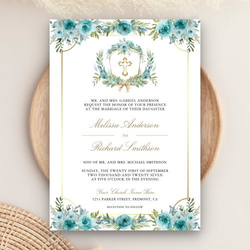 Teal Floral Gold Catholic Cross QR Code Wedding Invitation