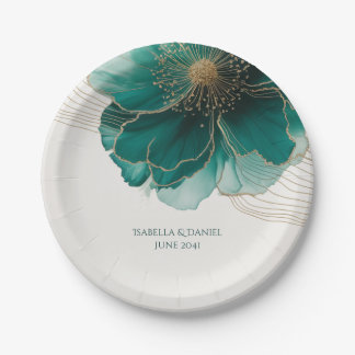 Teal Floral Gold Wedding Paper Plates