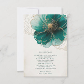 Teal Floral Gold Wedding Thank You Card
