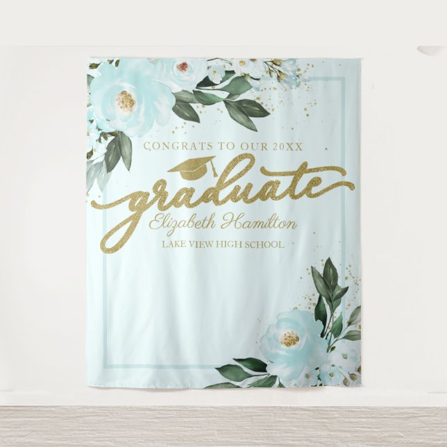 Teal Floral Graduation Party Photo Backdrop (Front)