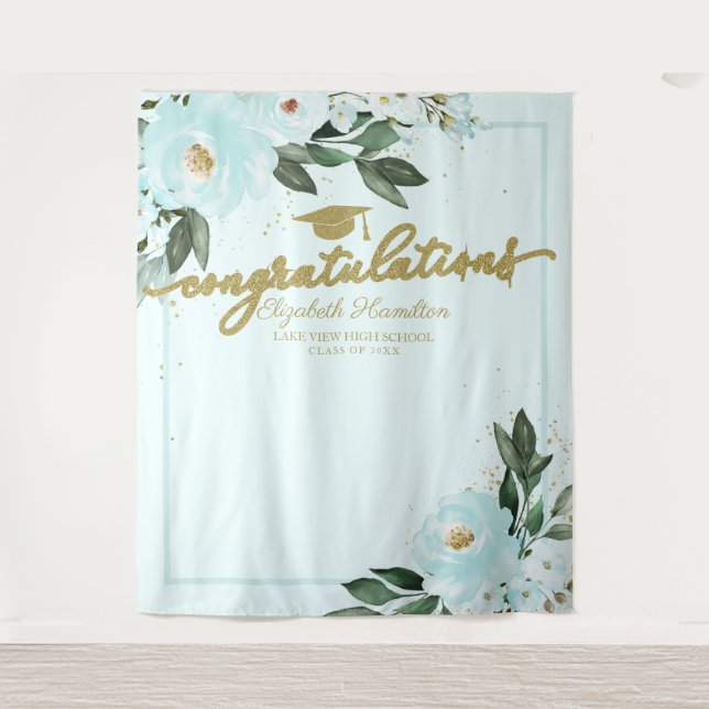 Teal Floral Graduation Party Photo Backdrop (Front)
