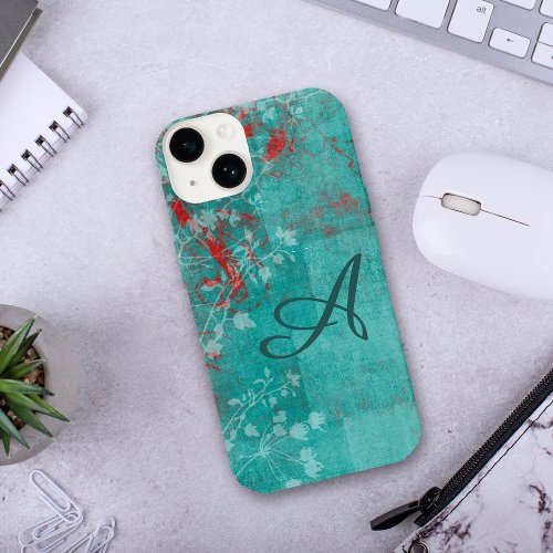 Teal Floral Grunge Red Monogram Case_Mate iPhone 14 Case