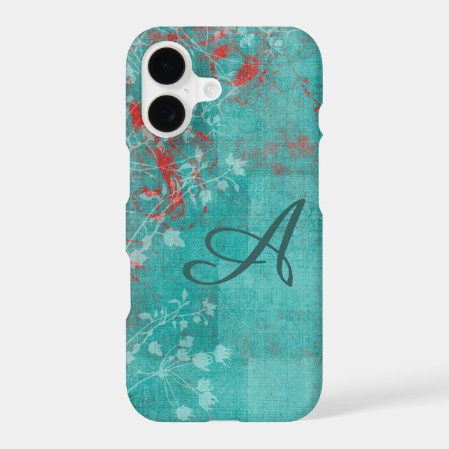 Teal Floral Grunge Red Monogram Case-Mate iPhone Case (Back)