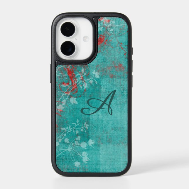Teal Floral Grunge Red Monogram Otterbox iPhone Case (Back)