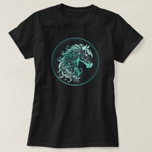 Teal floral horse head leather embossed cowgirl T_Shirt