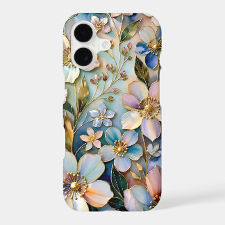 Teal Floral iPhone Case Pastel Gold Flowers