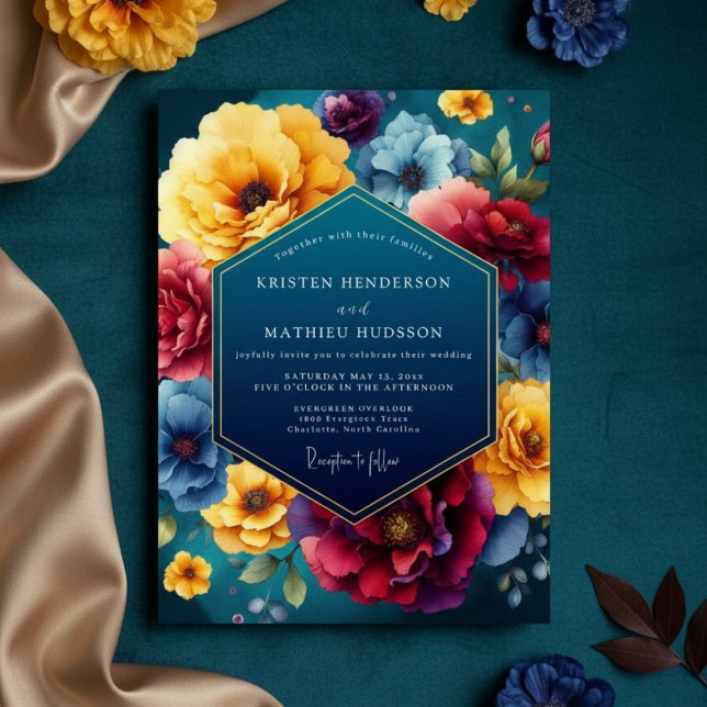 Teal Floral Luxe Wedding Invitation (Creator Uploaded)