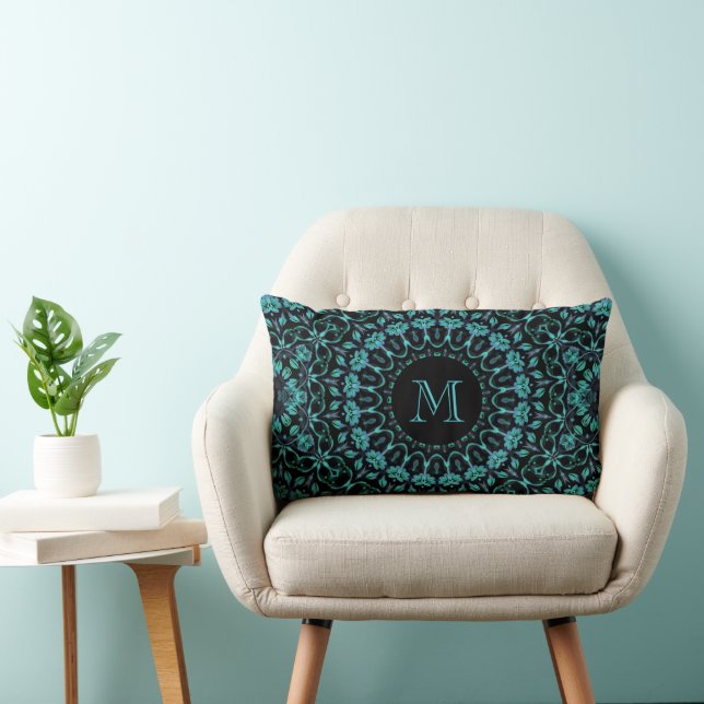 Teal Floral Mandala Monogram Lumbar Pillow (Chair)