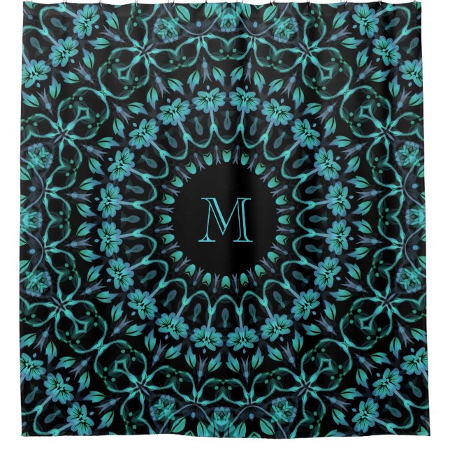 Teal Floral Mandala Monogram Shower Curtain (Front)