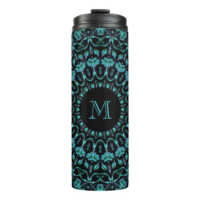 Teal Floral Mandala Monogram Thermal Tumbler (Front)