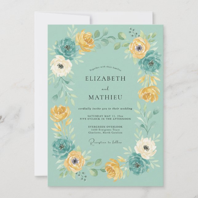 Teal Floral Meadow Wedding Invitation (Front)