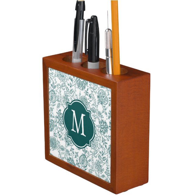 Teal Floral Monogram Desk Organizer (In Situ)