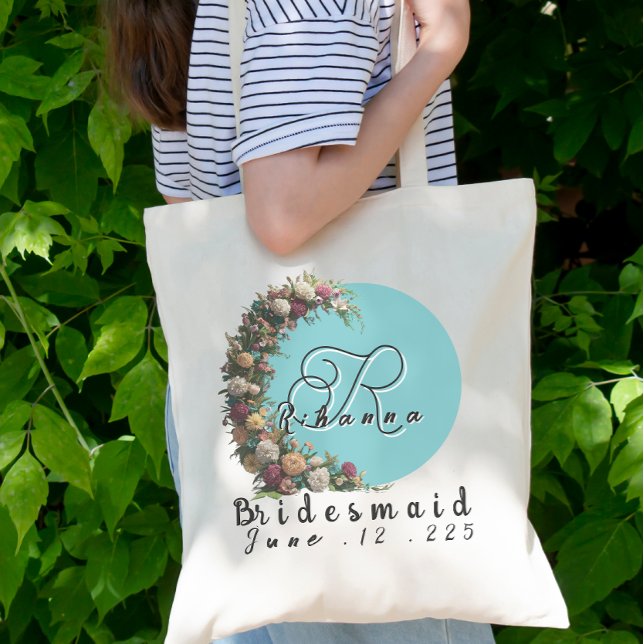 Teal Floral Monogram Tote Bag | Bridal Party  (Creator Uploaded)