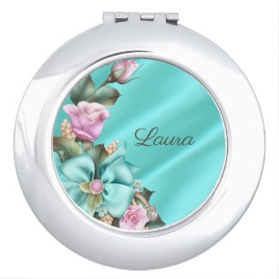 Teal Floral Monogrammed compact mirror 
