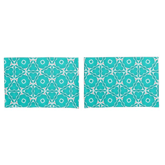 Teal Floral Moroccan Tile Pattern Pillow Case (Front-Set)
