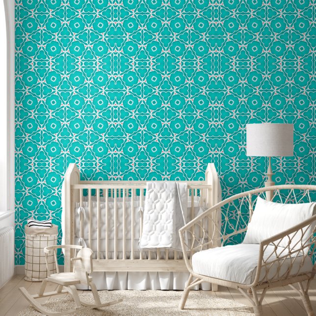 Teal Floral Moroccan Tile Pattern Wallpaper (Kids)