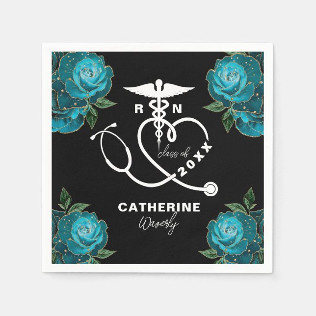 Teal Floral Nursing School Napkins (Front)