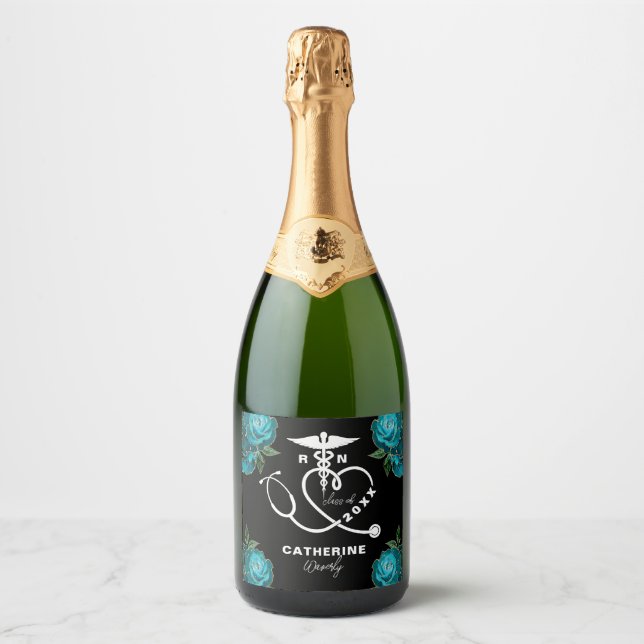 Teal Floral Nursing School Sparkling Wine Label (Front)
