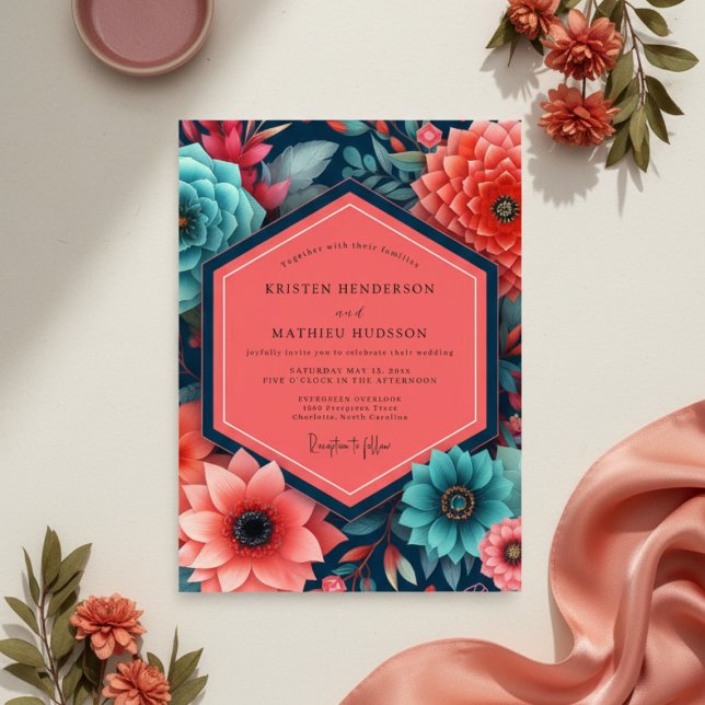 Teal Floral Opulence Wedding Invitation (Creator Uploaded)