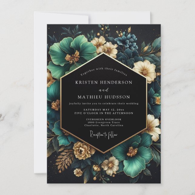 Teal Floral Opulent Bloom Wedding Invitation (Front)